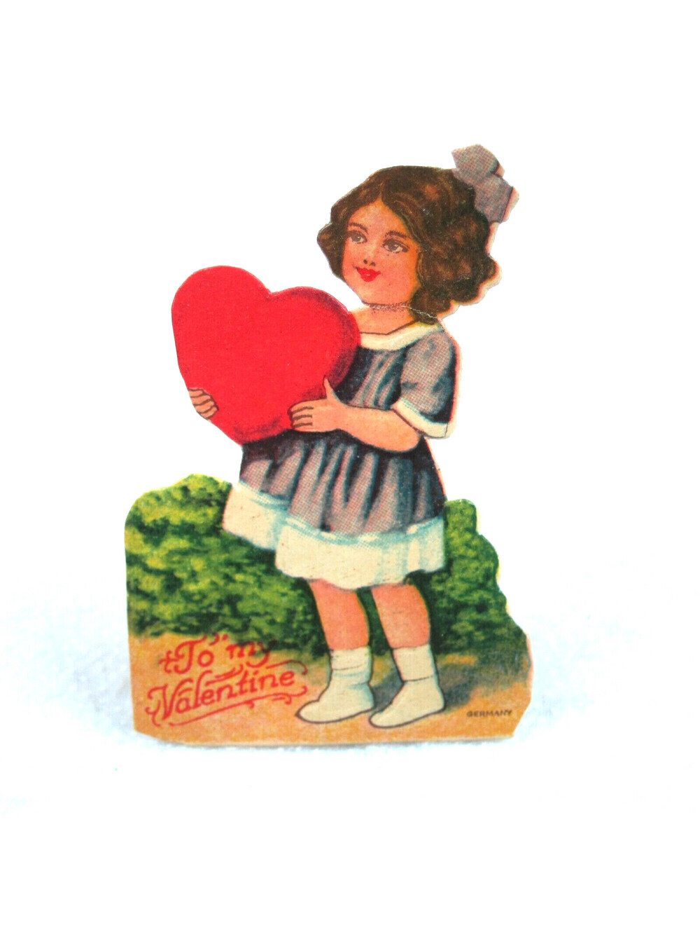 Vintage Valentine Die Cut Stand Up Girl Purple Dress Hold Heart 1920-30s Germany